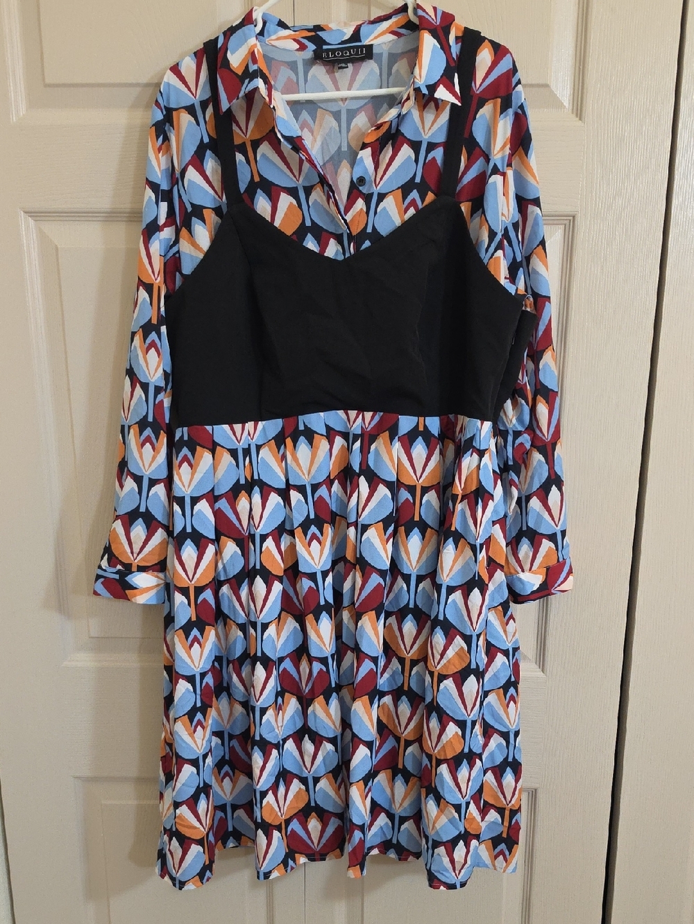 Eloquii Multicolor Geometric Print Top with Black Trim